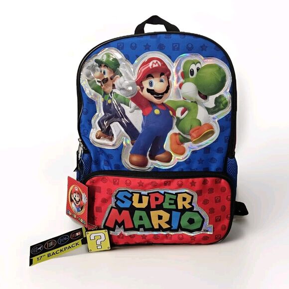 Nintendo Super Mario Backpack 17" Luigi Yoshi Padded Tablet Pocket Key Chain Kid - Picture 1 of 8